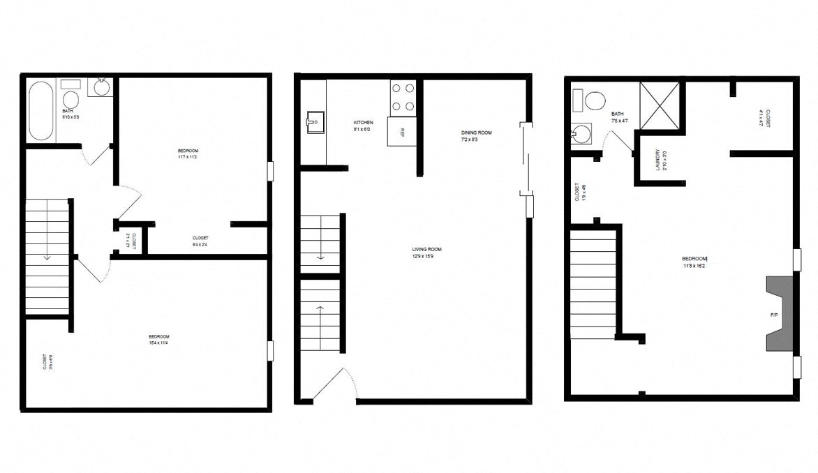 Floor plan for 3 beds, 2 baths, 1111 sqft